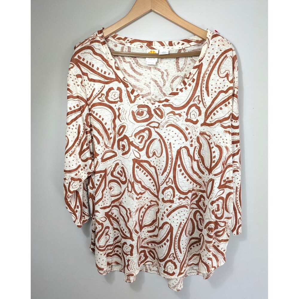 Women's 100% Linen Classic V-Neck 3/4 Sleeve Lightweight Top SZ 3X Ivory Brown
